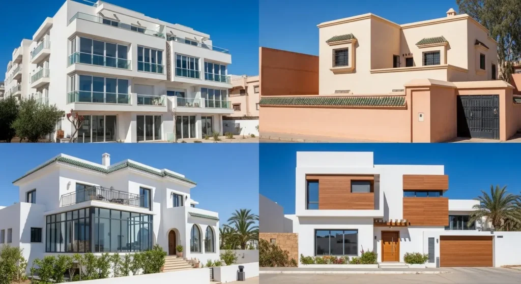 Aluminum window installations in four major Moroccan cities Casablanca, Marrakech, Tangier, and Agadir showing regional architectural styles
