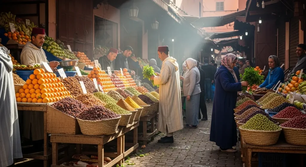 Bab Doukkala fresh produce market in Marrakech with local vendors and shoppers