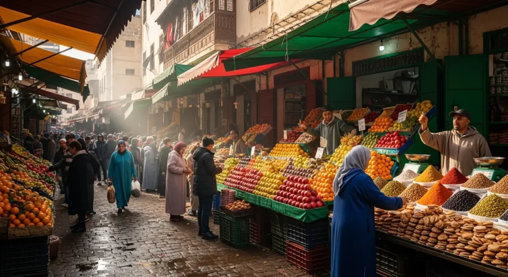 Busy morning shopping scene at Derb Ghallef traditional market in Casablanca Morocco