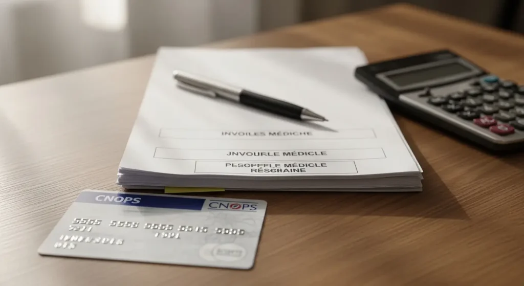 CNOPS insurance card and medical invoices on a desk in Morocco