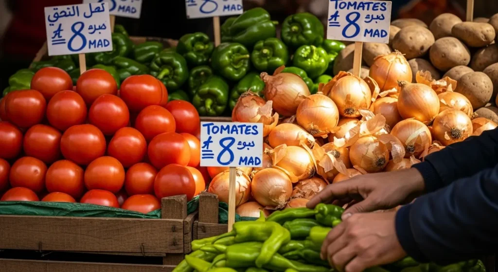 Casablanca market vegetables with price tags showing current MAD prices per kilogram