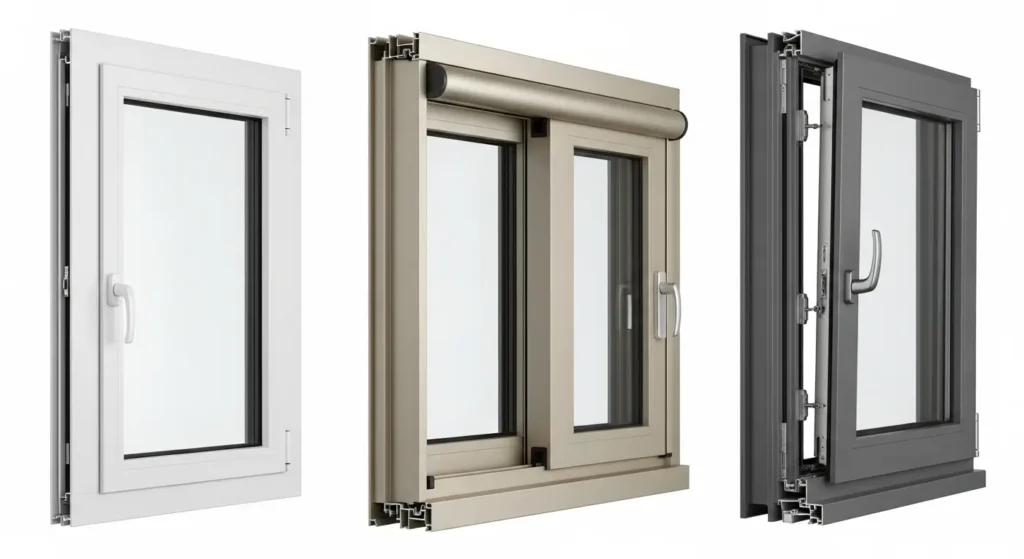 Comparison of three aluminum window types fixed, sliding, and tilt-and-turn windows with different frame finishes