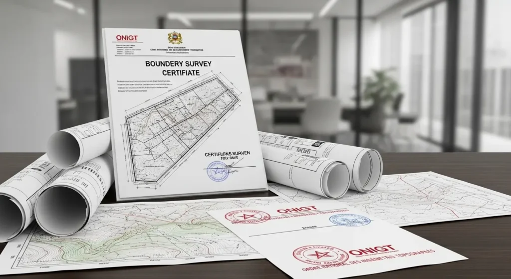 Complete surveyor documentation package including certified plans and official stamps in Morocco