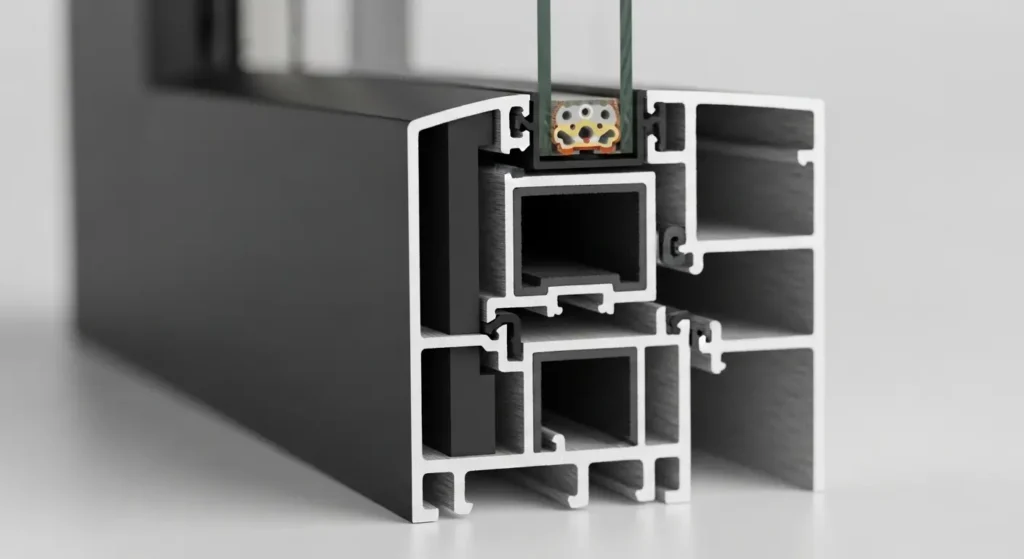 Cross-section of aluminum window profile showing thermal bridge breaking polyamide strip separating interior and exterior aluminum