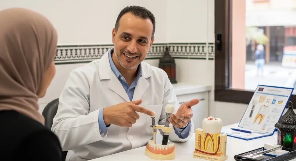 Dentist explaining dental implant procedure and costs to patient in Morocco