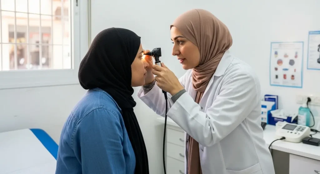 ENT doctor examining a patient is ear during a consultation
