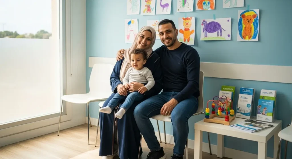 Happy Moroccan family after successful pediatrician visit
