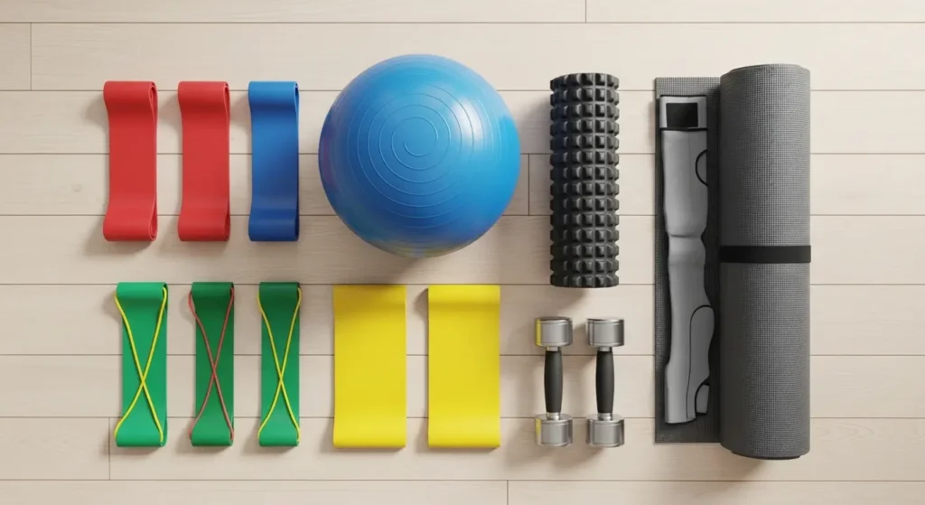 Home physiotherapy exercise equipment including resistance bands and therapy ball