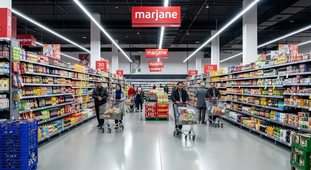 Marjane supermarket interior in Marrakech showing grocery aisles and shoppers