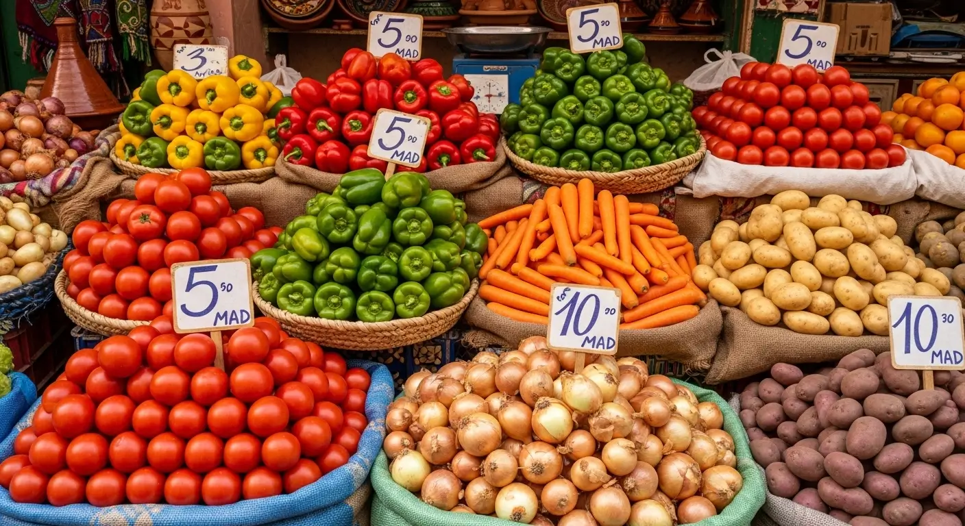 Marrakech Food Prices - Fresh vegetables at Marrakech souk with price tags in Moroccan dirhams