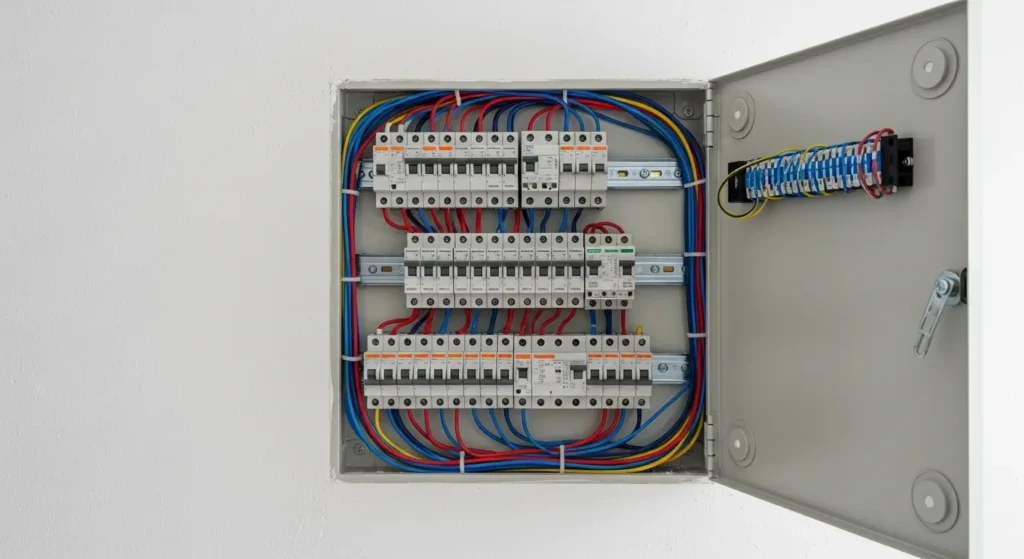 Modern electrical panel with organized circuit breakers in Moroccan home