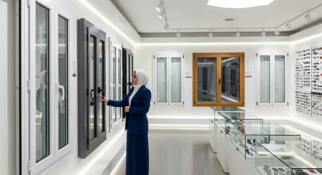 Moroccan aluminum joinery showroom with professional consultant showing various window frame samples and finishes to customers