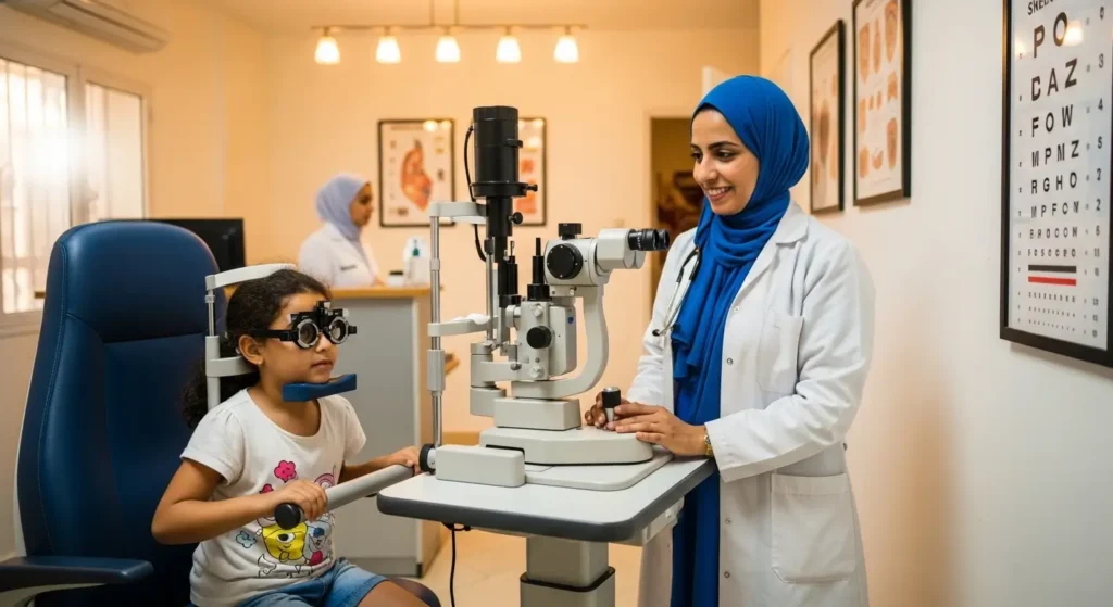 Moroccan child having eye exam at ophthalmologist clinic