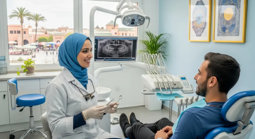 Moroccan dentist providing consultation and cost estimate to patient in friendly professional setting