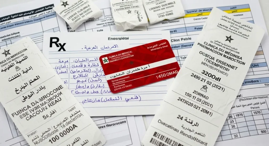 Moroccan health insurance cards (CNSS and AMO) covering nephrology treatment costs