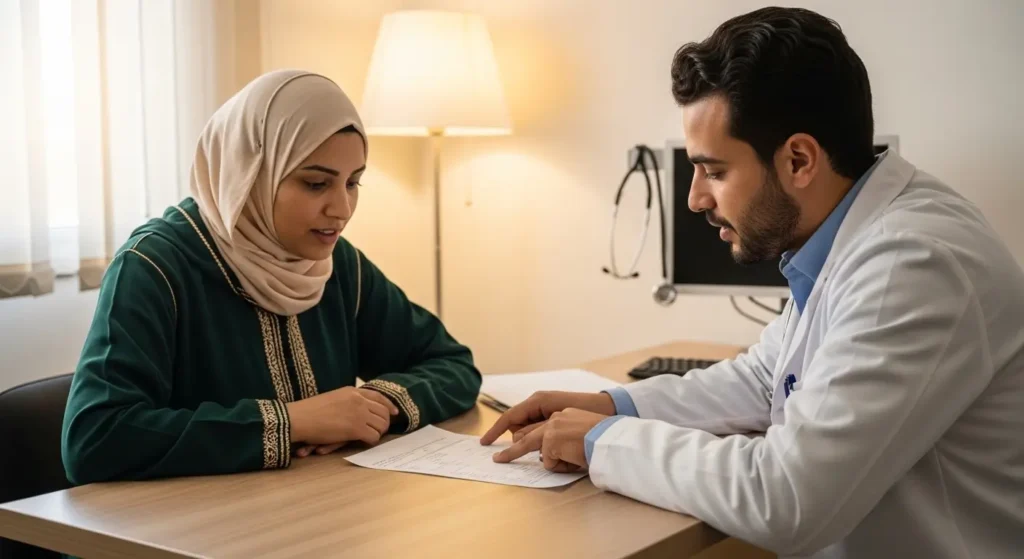 Moroccan mother reviewing pediatrician consultation costs with doctor