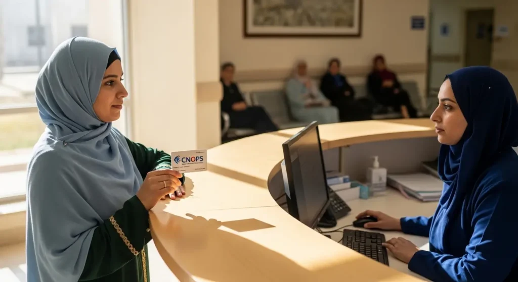 Moroccan patient presenting health insurance card at hospital