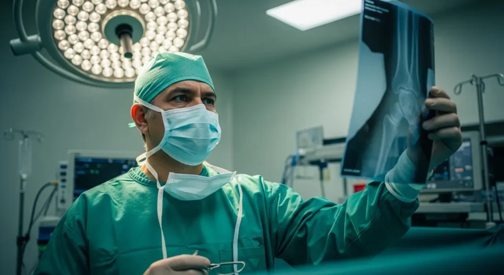 Moroccan surgeon reviewing a bone fracture X-ray before trauma surgery