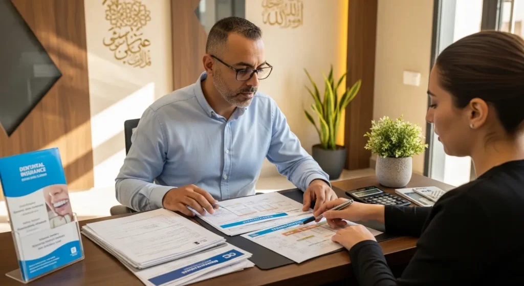 Patient discussing dental insurance coverage and payment options at Moroccan clinic