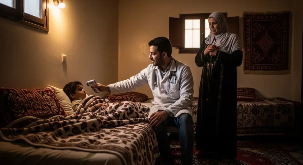Pediatrician making a home visit to a sick child in Morocco