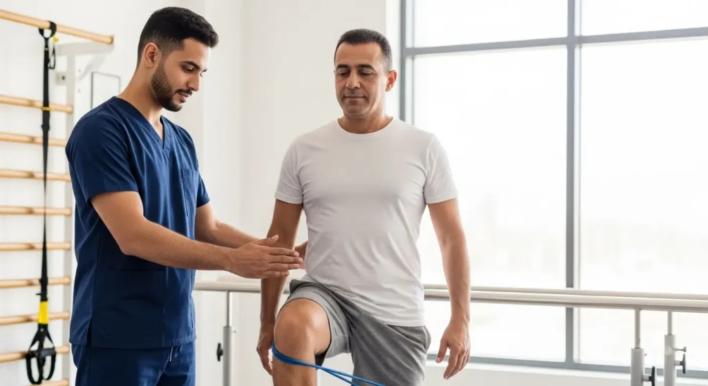 Physical therapist helping a patient recover after traumatology surgery in Morocco