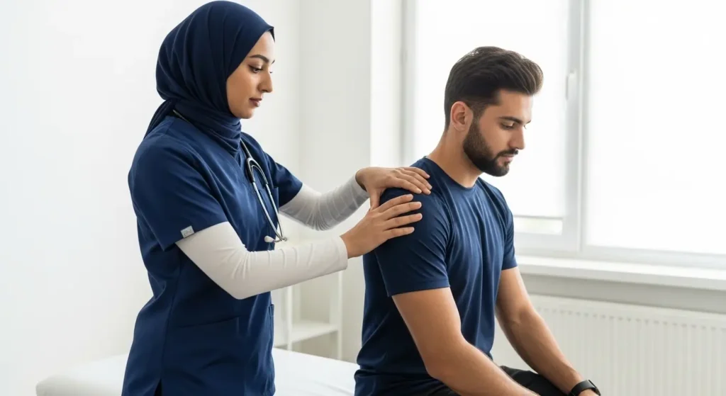 Physiotherapist providing shoulder treatment to patient in Moroccan clinic