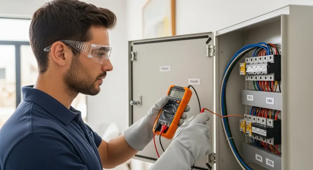 Professional electrician ensuring electrical safety standards in Moroccan home