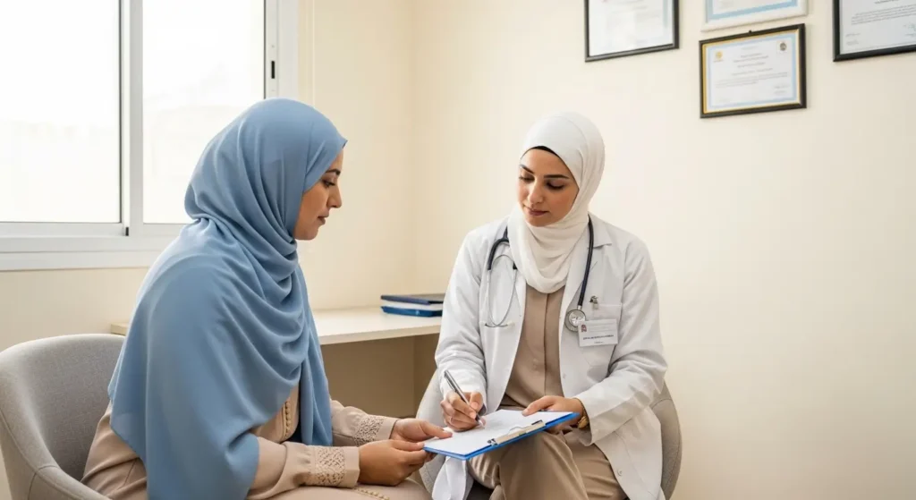 Professional hijama consultation between Moroccan healthcare practitioner and patient in medical clinic