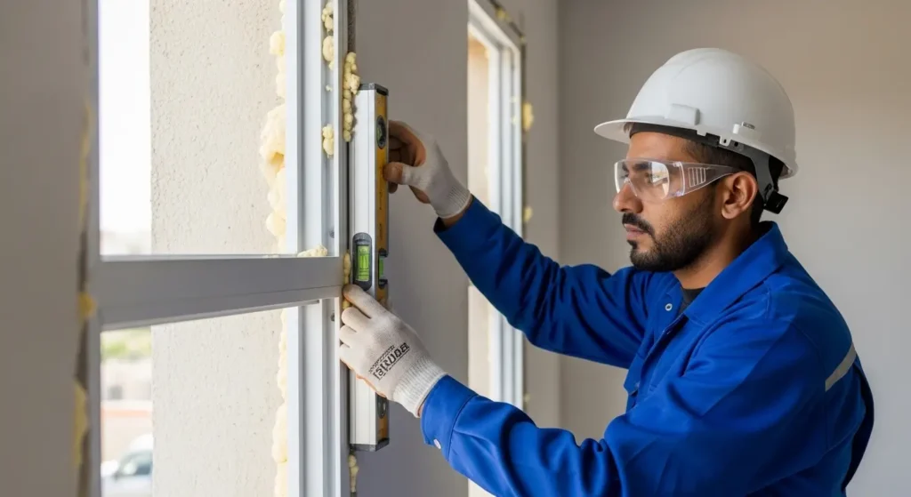 Professional installer using level tool to ensure proper alignment during aluminum window installation in Moroccan home