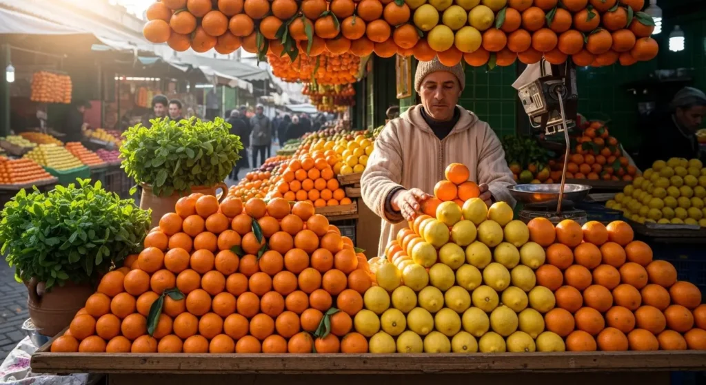 Seasonal winter citrus fruits display at Casablanca market showing affordable orange and lemon prices