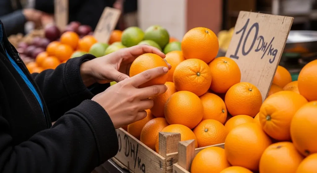 Shopper selecting fresh oranges at Marrakech market with price display