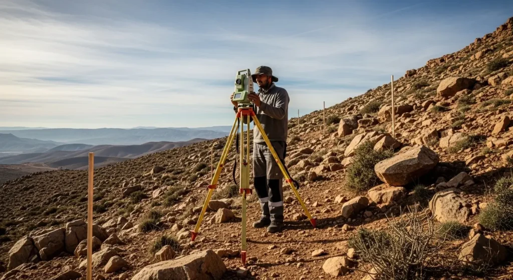 Surveyor measuring sloped terrain in Morocco showing terrain complexity impact on costs