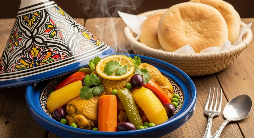 Traditional Moroccan chicken tajine with vegetables and bread representing affordable home cooking