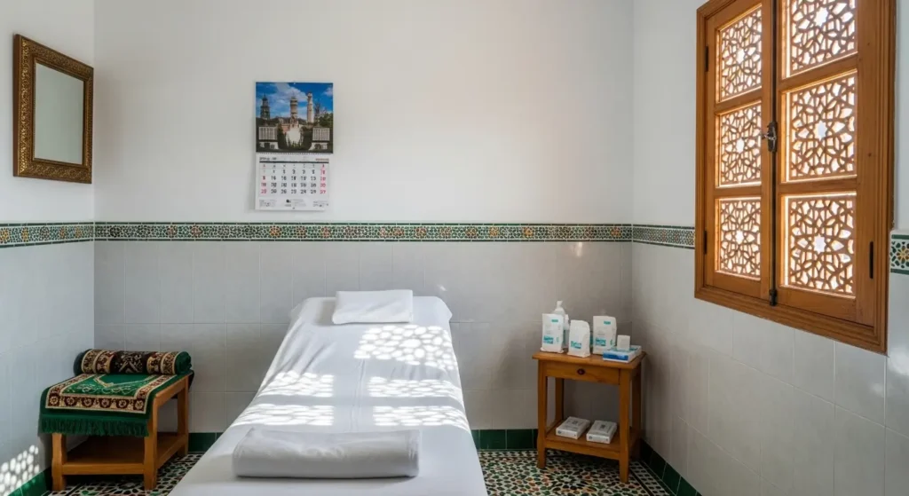 Traditional Moroccan hijama treatment room combining Islamic practice with modern hygiene standards