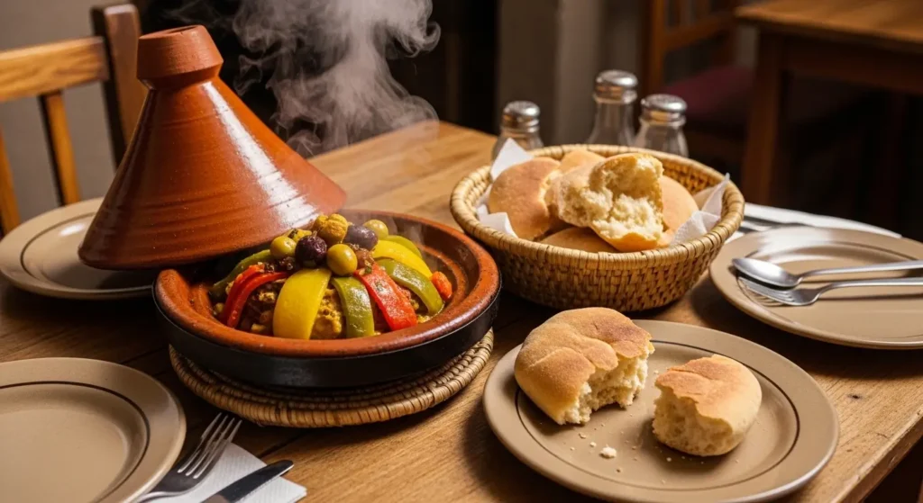 Traditional Moroccan tajine meal with bread at local Marrakech restaurant