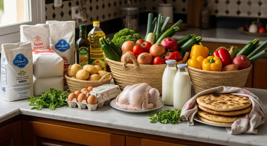 Weekly grocery shopping for Moroccan family showing staples and fresh produce