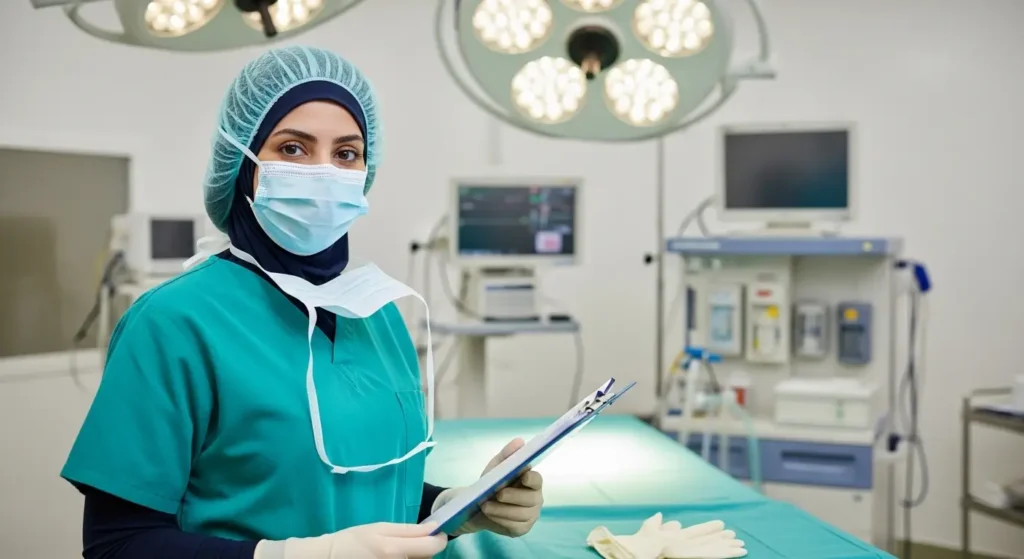 Board-certified female plastic surgeon in surgical scrubs and cap in a Moroccan clinic operating room