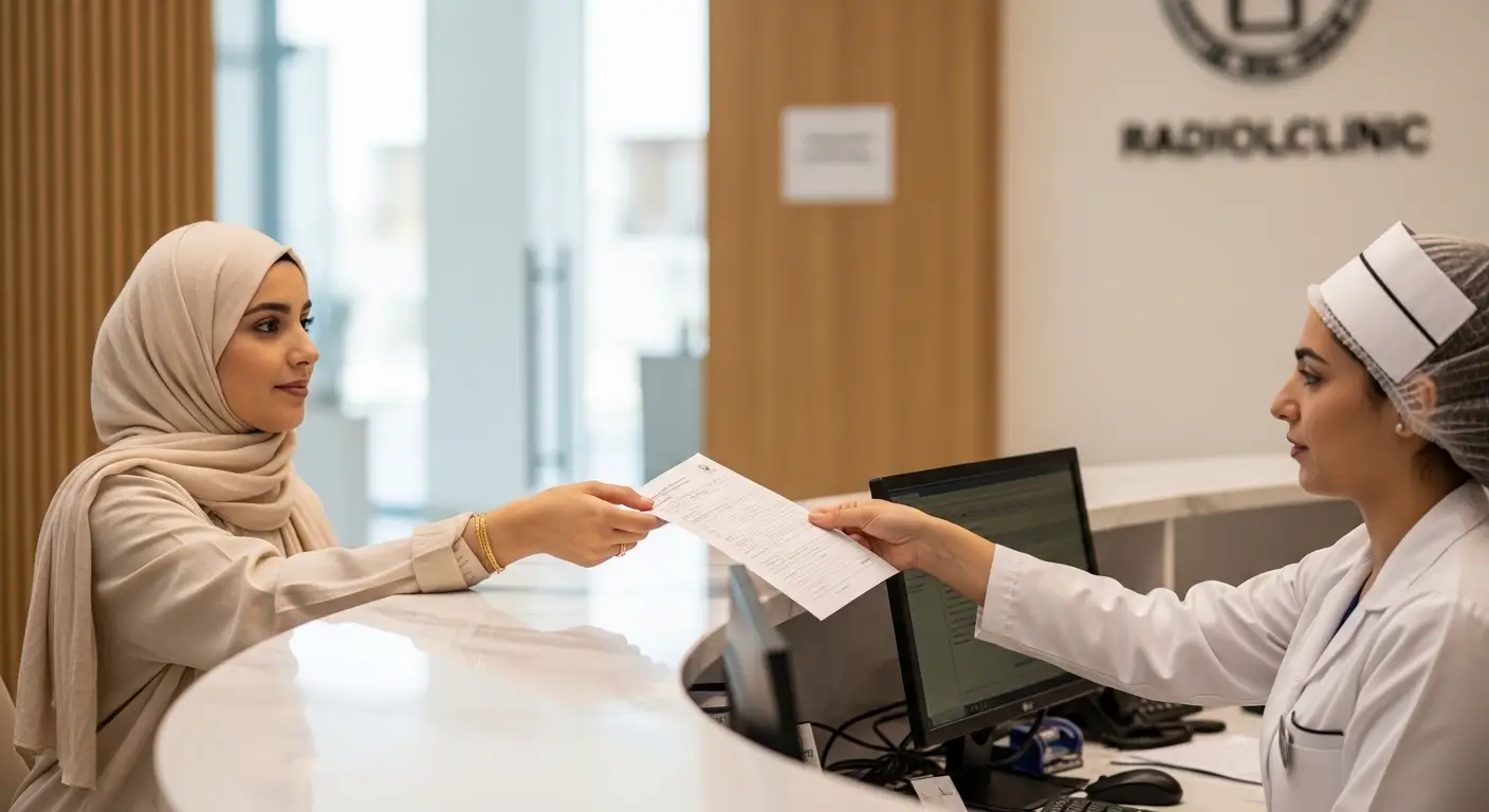 Brain MRI cost in Morocco — patient handing prescription at a radiology clinic reception
