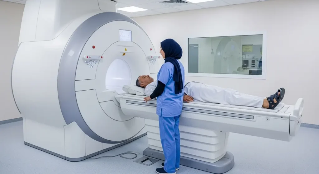 Brain MRI machine in a Moroccan radiology center — patient ready for brain scan