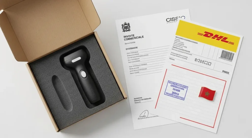 Butterfly iQ+ shipping box with Moroccan customs documents and international shipping label for import process