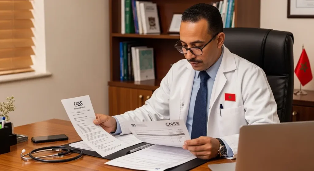 Doctor reviewing CNSS reimbursement documents for brain MRI in Morocco