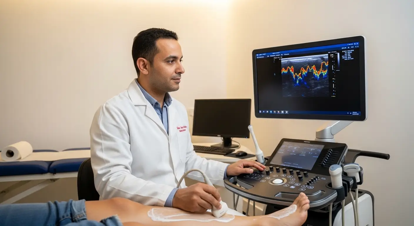 Doppler Ultrasound Price in Morocco - Moroccan radiologist performing a Doppler ultrasound exam on a patient's leg in a private clinic in Morocco