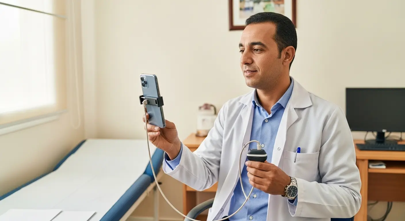 Butterfly Ultrasound Price in Morocco - Moroccan doctor holding a Butterfly iQ+ portable ultrasound probe connected to a smartphone in a private clinic