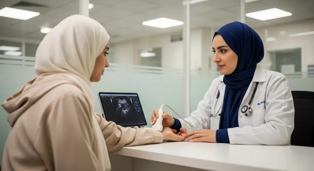 Moroccan female doctor performing a portable ultrasound scan on a patient in a private clinic consultation