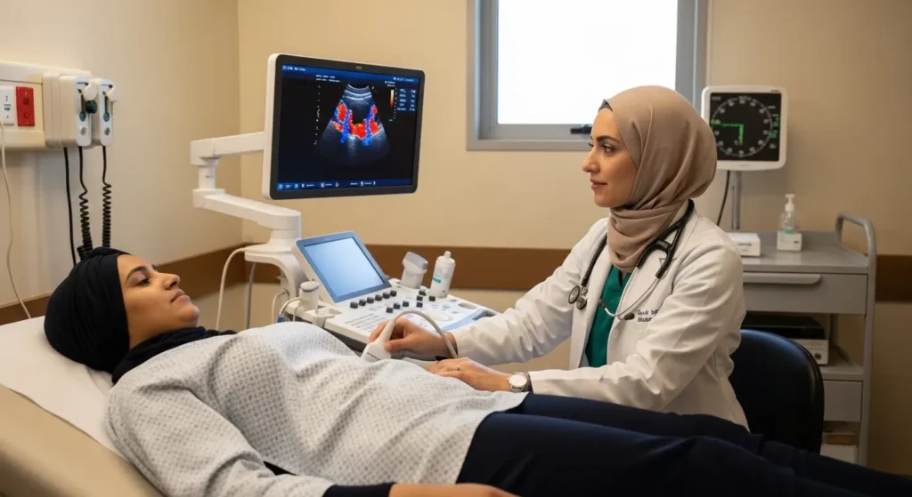 Moroccan female patient in hijab receiving a cardiac Doppler ultrasound exam performed by a female cardiologist in a hospital consultation room