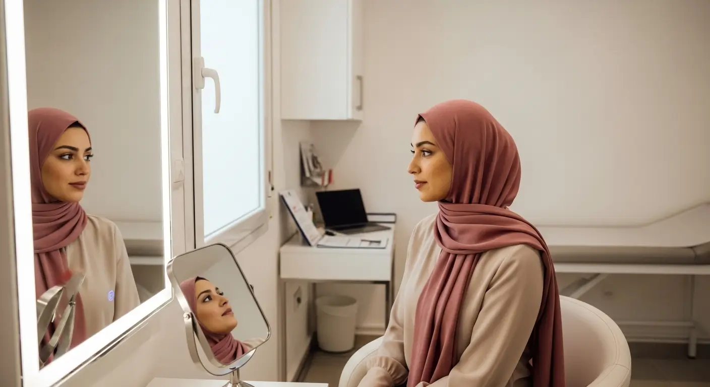 Nose Plastic Surgery Cost in Morocco - Moroccan woman in hijab consulting about rhinoplasty in a modern private clinic in Morocco