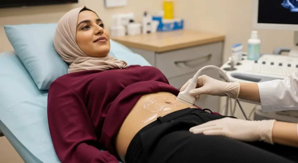 Moroccan woman lying on examination table during abdominal ultrasound preparation in a radiology clinic