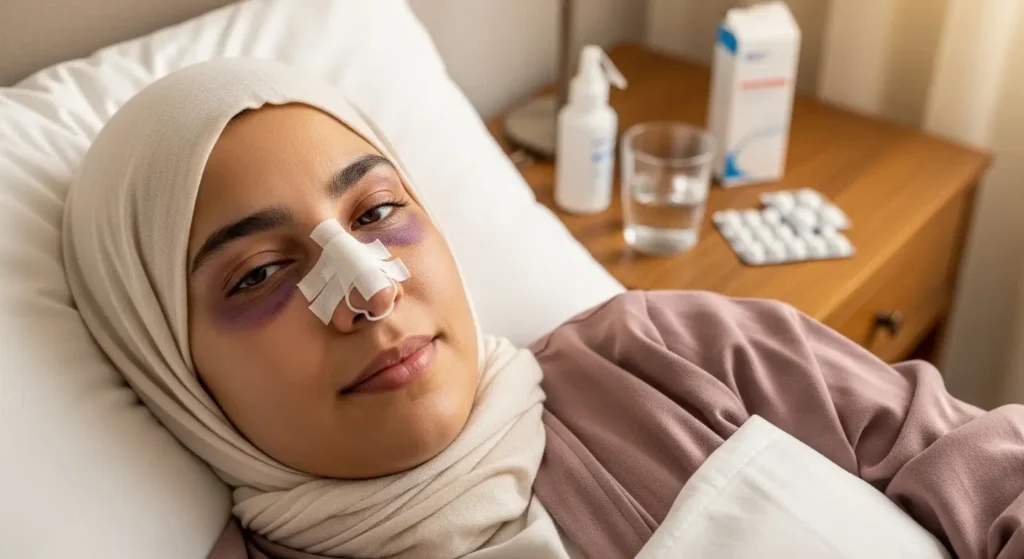Moroccan woman resting at home after rhinoplasty with nasal splint and mild bruising, day one post-surgery recovery