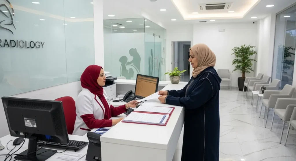 Reception desk of a modern private radiology clinic in Casablanca Morocco with a patient checking in