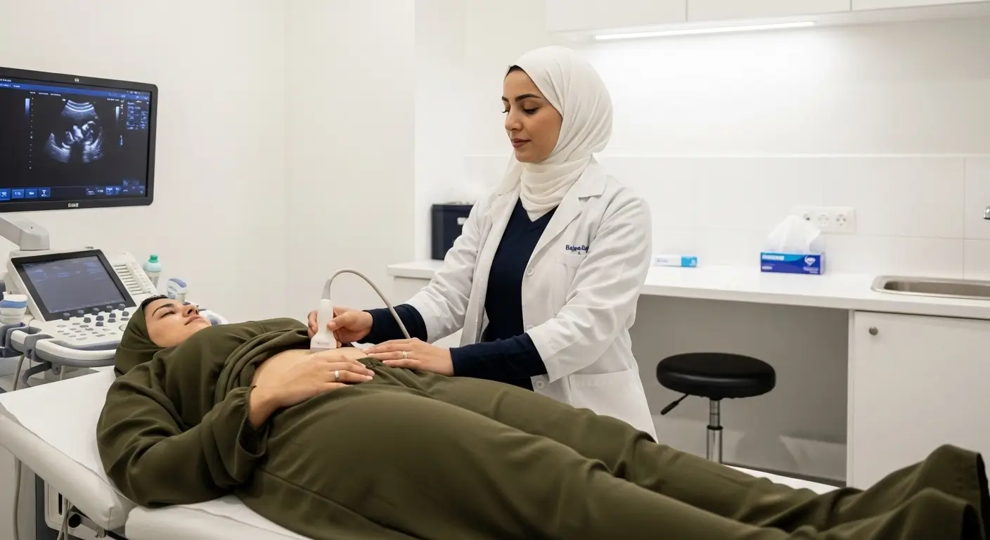 Sonography Price in Morocco - Female radiologist performing an ultrasound exam on a patient in a Moroccan radiology clinic